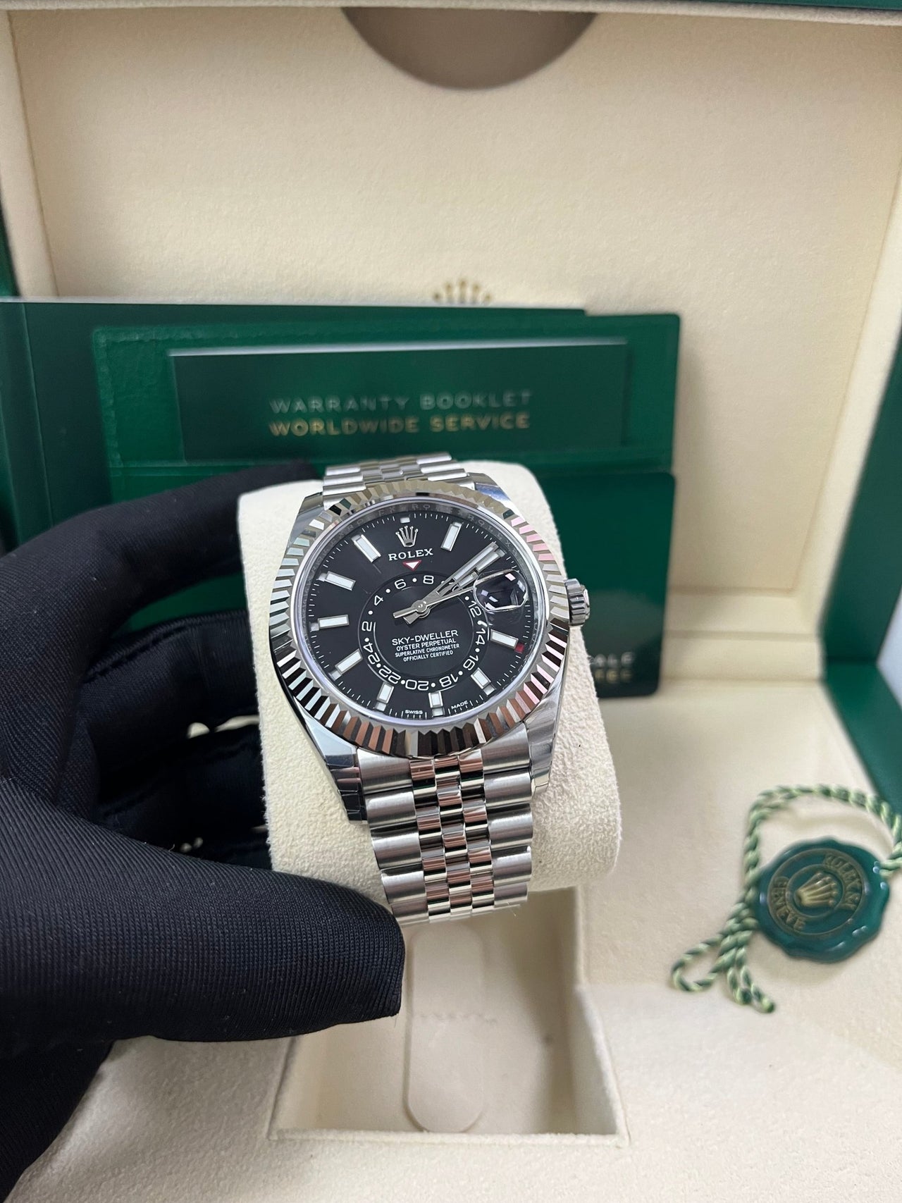 Rolex White Rolesor Sky - Dweller Black Index Dial Jubilee Bracelet (Ref# 326934) - WatchesOff5thWatch