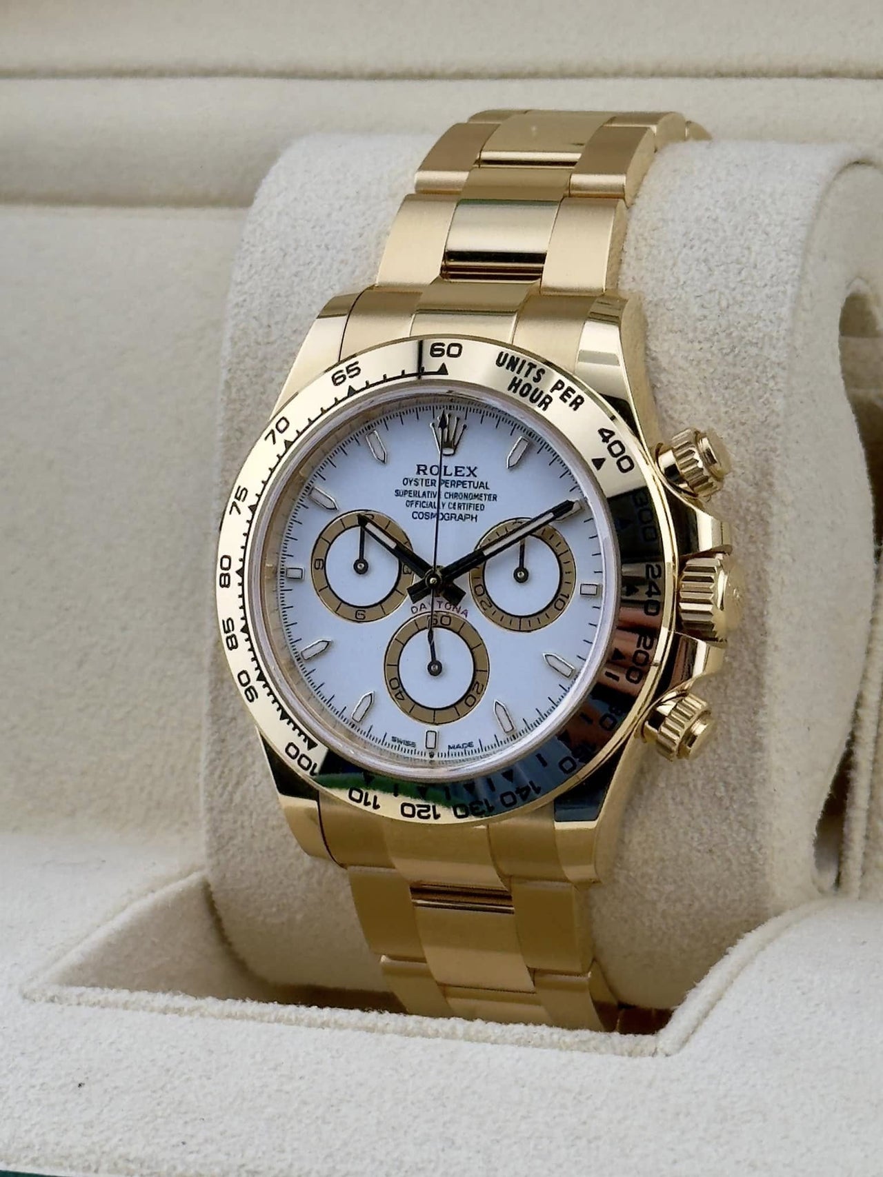 Rolex Yellow Gold White Index Dial Daytona Oyster Bracelet 126508 - WatchesOff5thWatch