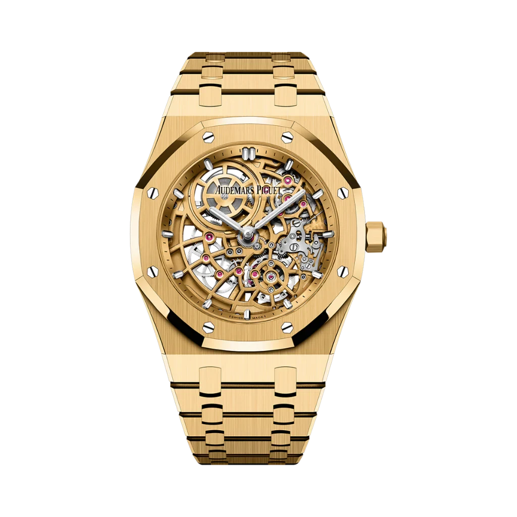 Audemars Piguet Royal Oak 16204BA yellow gold openworked Jumbo Extra-Thin with skeletonized dial and integrated bracelet