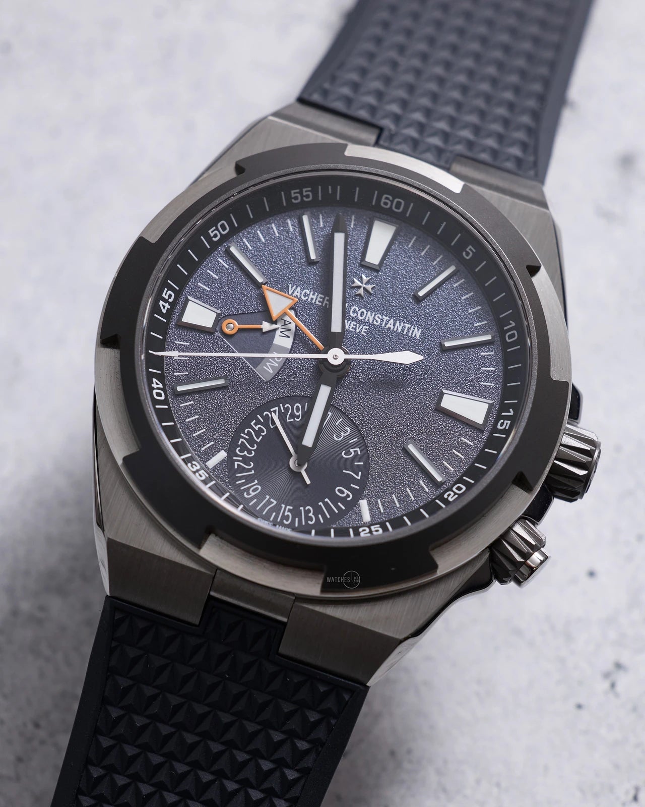 Vacheron Constantin Overseas Dual Time Everest 7910V titanium case angled dial view