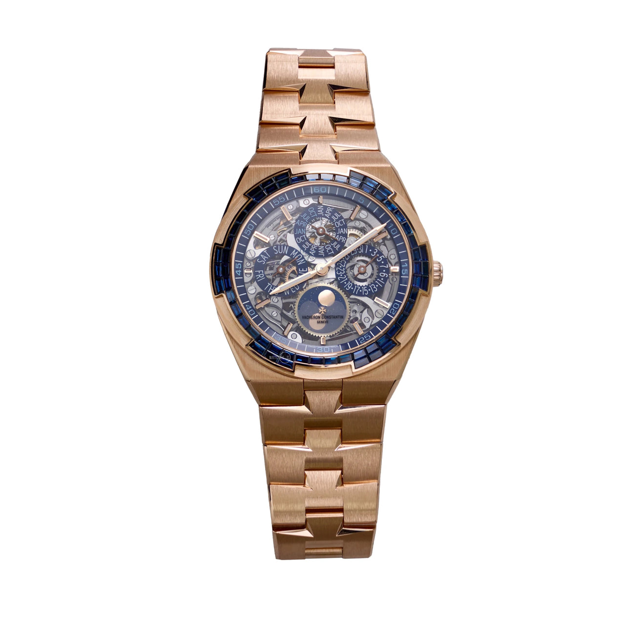 Vacheron Constantin Overseas Perpetual Calendar Skeleton 4307V/220R-237C pink gold with baguette blue sapphire bezel