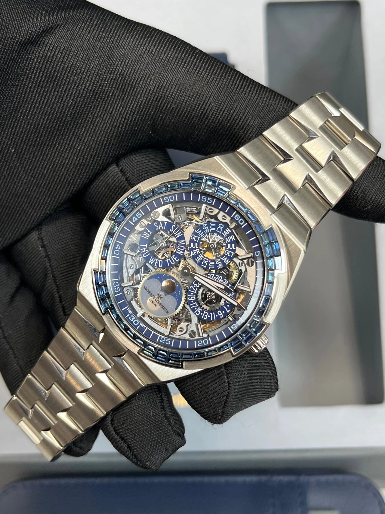 Vacheron Constantin Overseas Perpetual Calendar Ultra-Thin Skeleton 41.5mm 18K White Gold sapphire bezel Ref 4307V/220G-236C
