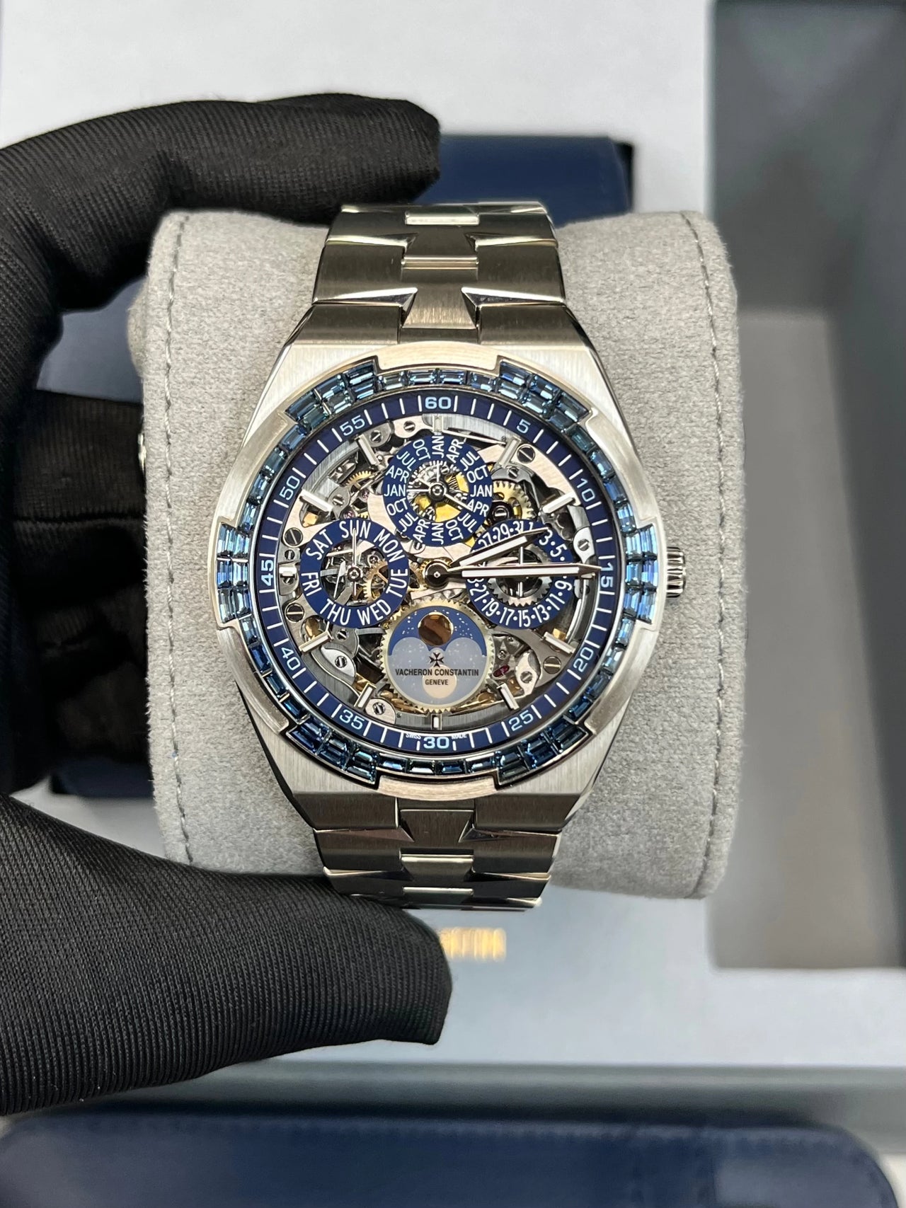 Vacheron Constantin Overseas Perpetual Calendar Ultra-Thin Skeleton 41.5mm 18K White Gold sapphire bezel Ref 4307V/220G-236C