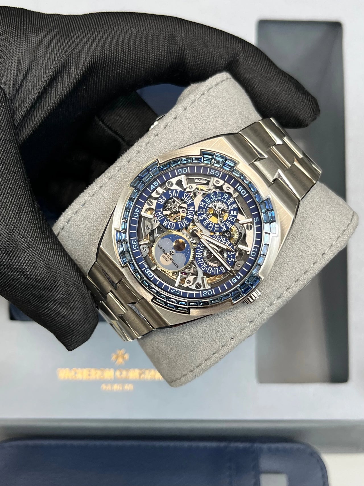 Vacheron Constantin Overseas Perpetual Calendar Ultra-Thin Skeleton 41.5mm 18K White Gold sapphire bezel Ref 4307V/220G-236C