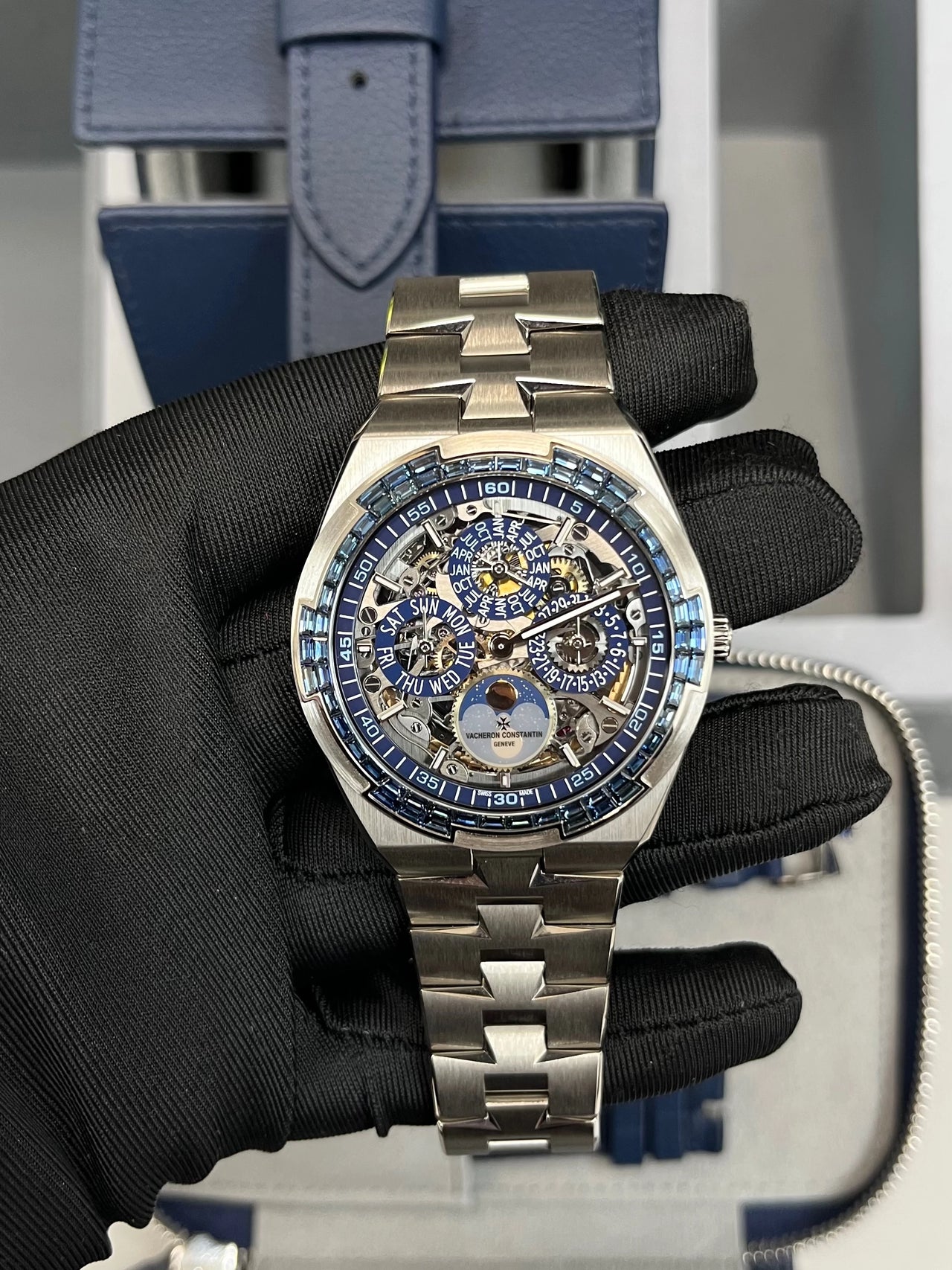 Vacheron Constantin Overseas Perpetual Calendar Ultra-Thin Skeleton 41.5mm 18K White Gold sapphire bezel Ref 4307V/220G-236C