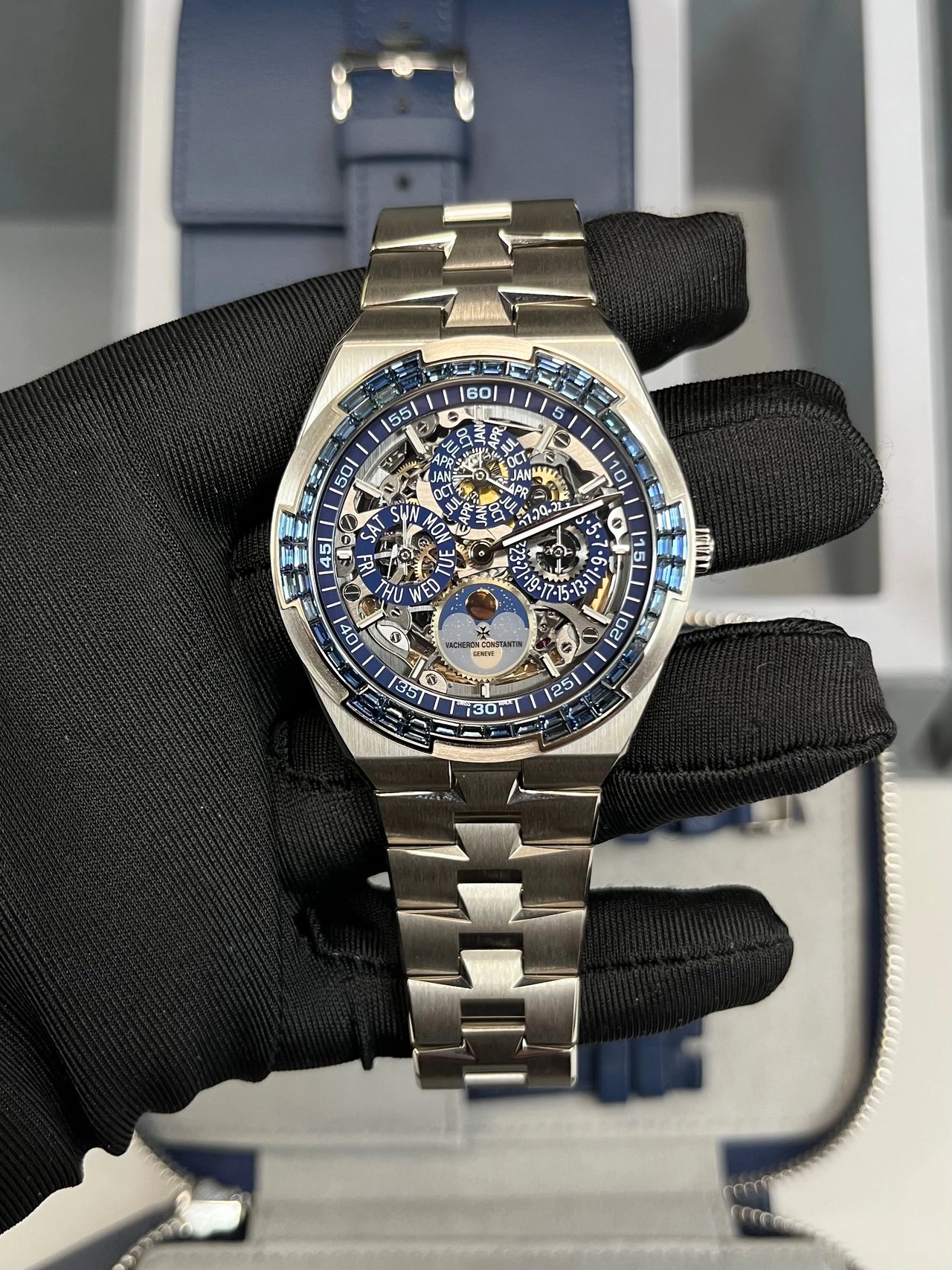 Vacheron Constantin Overseas Perpetual Calendar Ultra-Thin Skeleton 41.5mm 18K White Gold sapphire bezel Ref 4307V/220G-236C