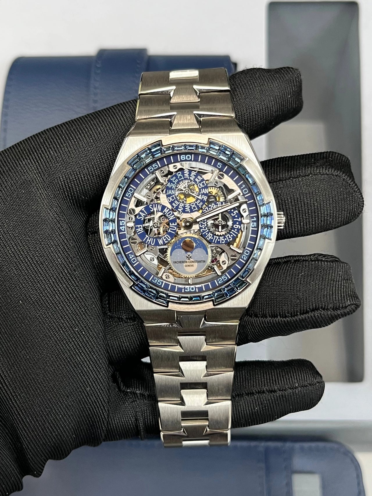 Vacheron Constantin Overseas Perpetual Calendar Ultra-Thin Skeleton 41.5mm 18K White Gold sapphire bezel Ref 4307V/220G-236C