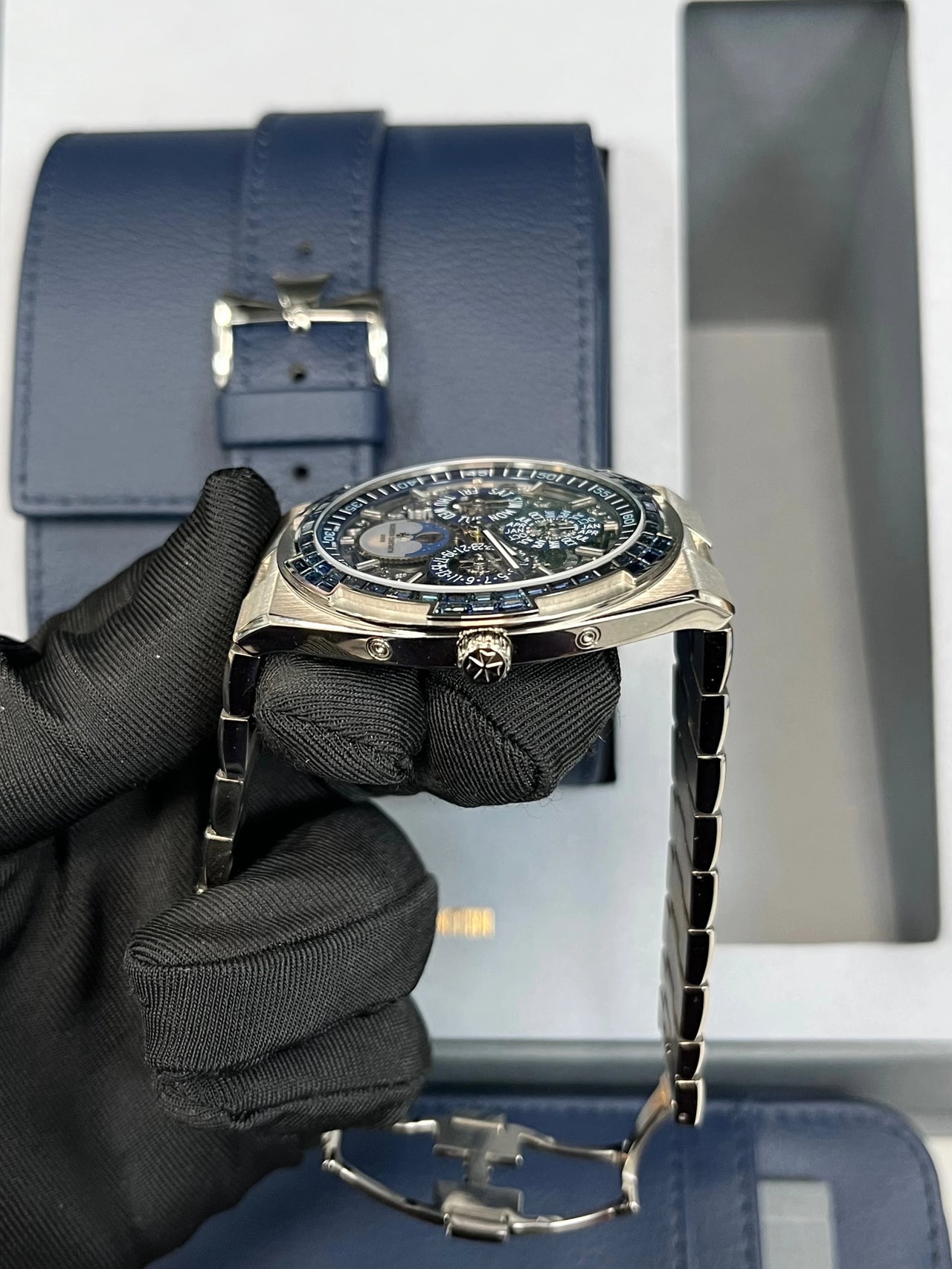 Vacheron Constantin Overseas Perpetual Calendar Ultra-Thin Skeleton 41.5mm 18K White Gold sapphire bezel Ref 4307V/220G-236C