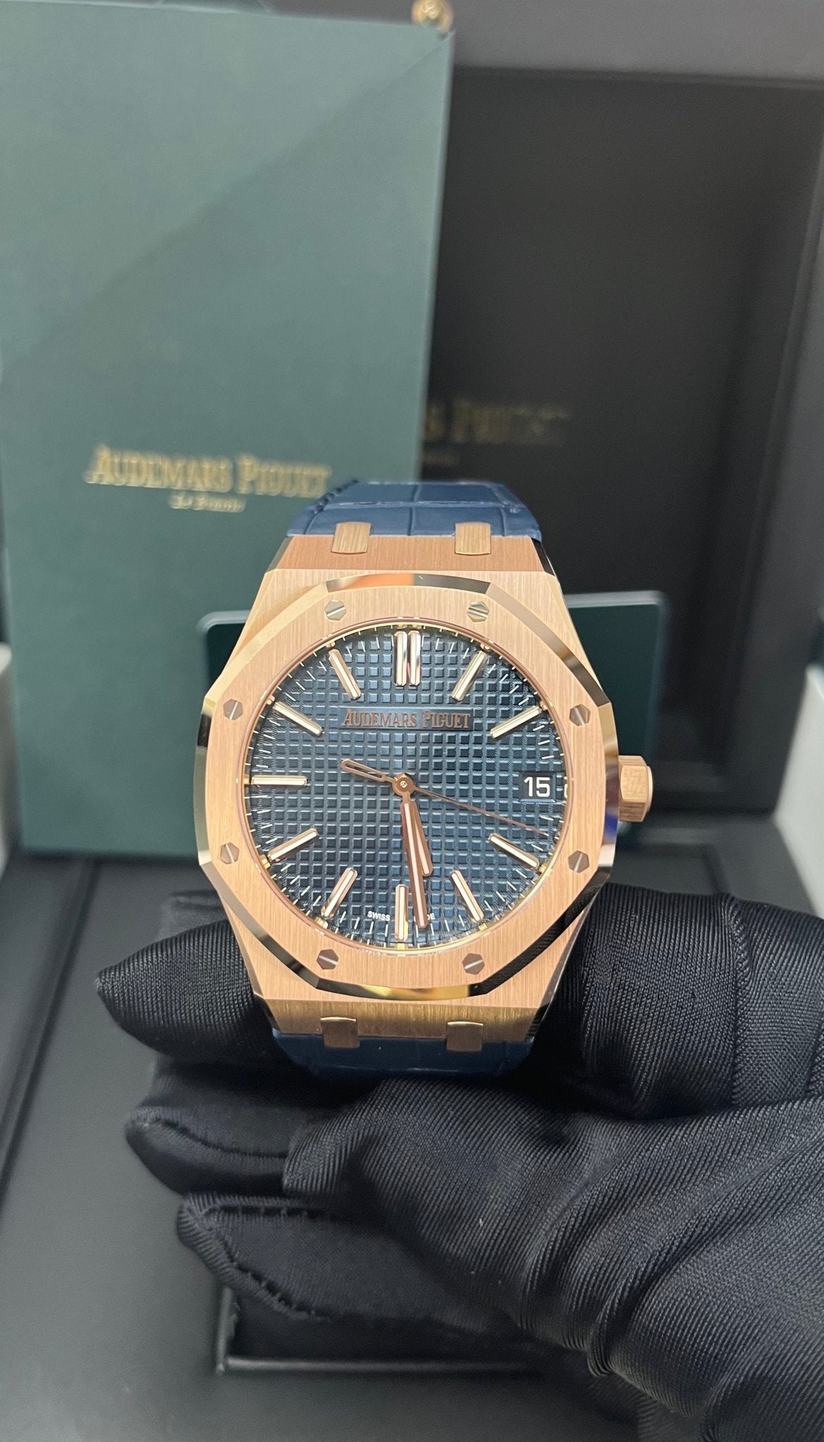 Audemars Piguet Royal Oak 41mm 18k Rose Gold Blue Dial Ref. 15510OR.OO.D315CR.02 - WatchesOff5th