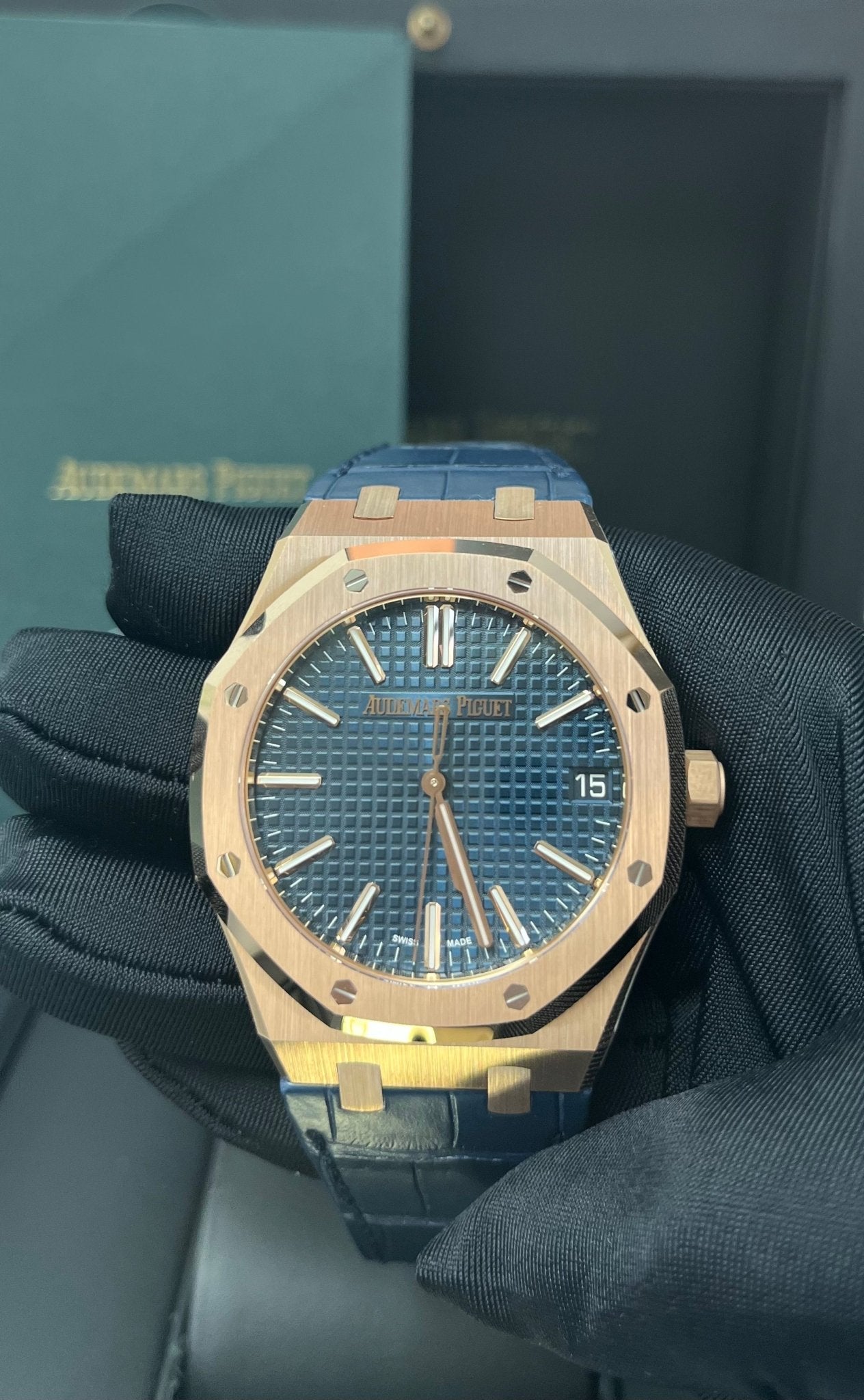 Audemars Piguet Royal Oak 41mm 18k Rose Gold Blue Dial Ref. 15510OR.OO.D315CR.02 - WatchesOff5th