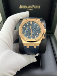 Thumbnail for Audemars Piguet Royal Oak Chronograph 41mm 18k Rose Gold Blue Dial On Leather 26240OR.OO.D315CR.02 - WatchesOff5th