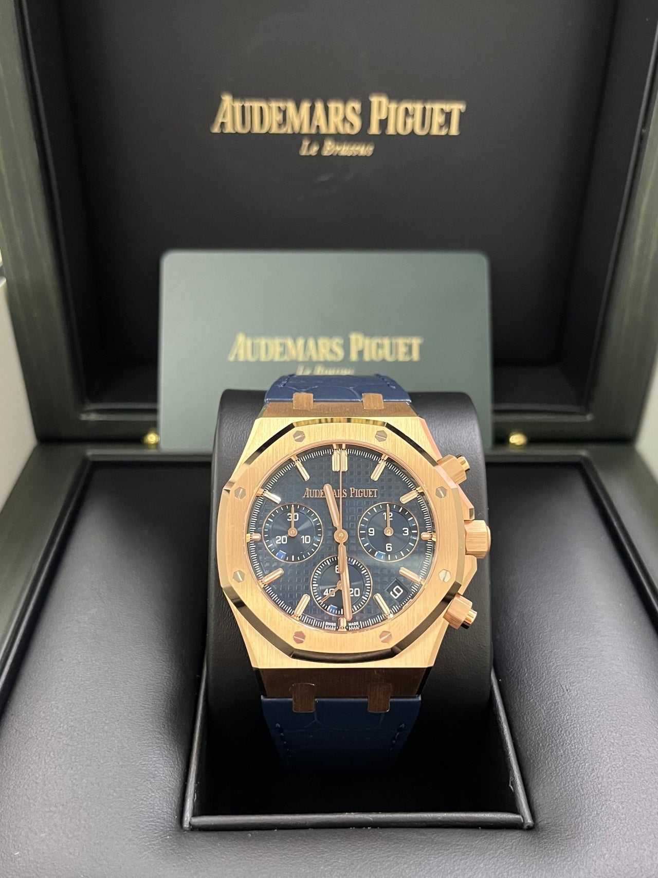 Audemars Piguet Royal Oak Chronograph 41mm 18k Rose Gold Blue Dial On Leather 26240OR.OO.D315CR.02 - WatchesOff5th