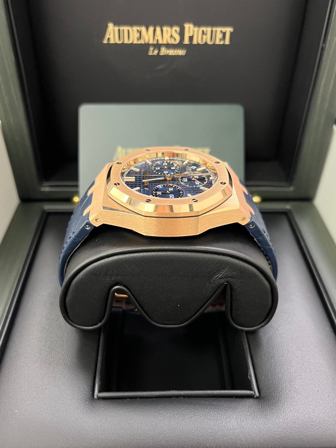 Audemars Piguet Royal Oak Chronograph 41mm 18k Rose Gold Blue Dial On Leather 26240OR.OO.D315CR.02 - WatchesOff5th