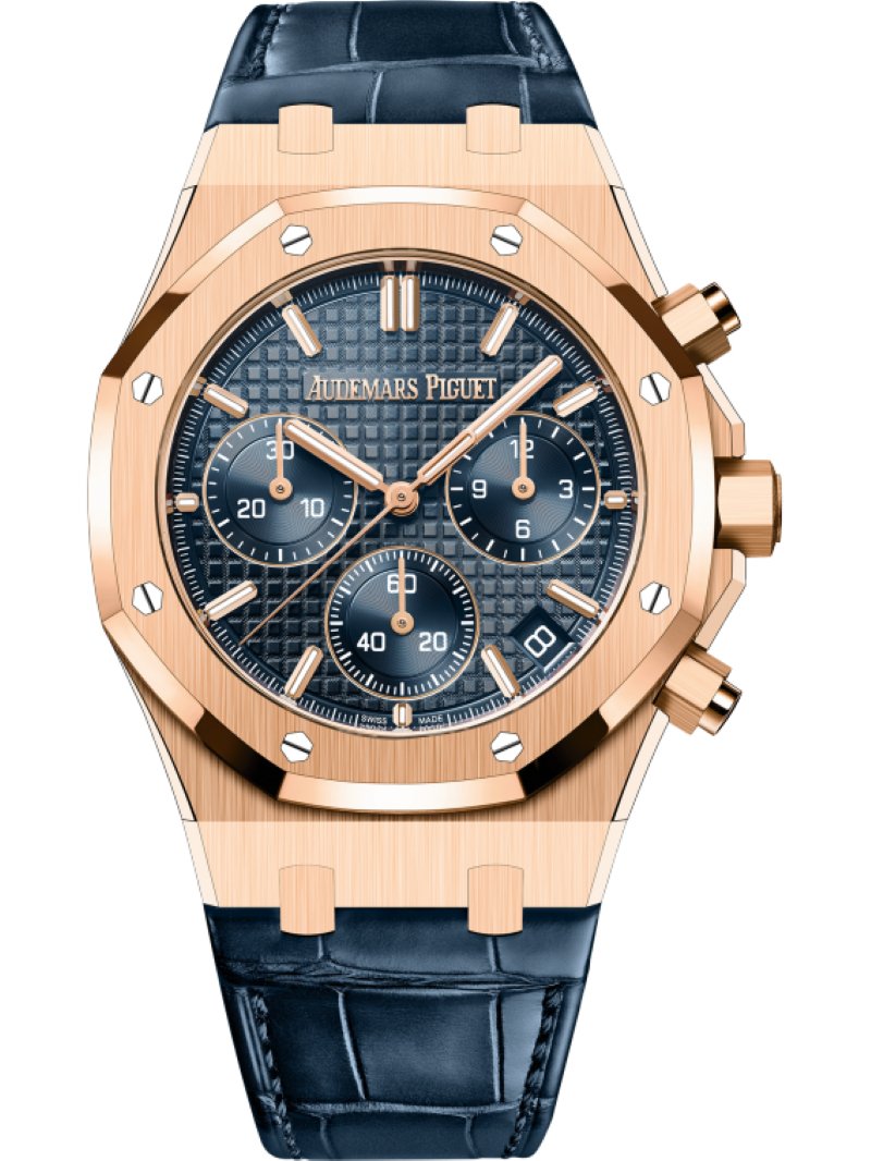 Audemars Piguet Royal Oak Chronograph 41mm 18k Rose Gold Blue Dial On Leather 26240OR.OO.D315CR.02 - WatchesOff5th