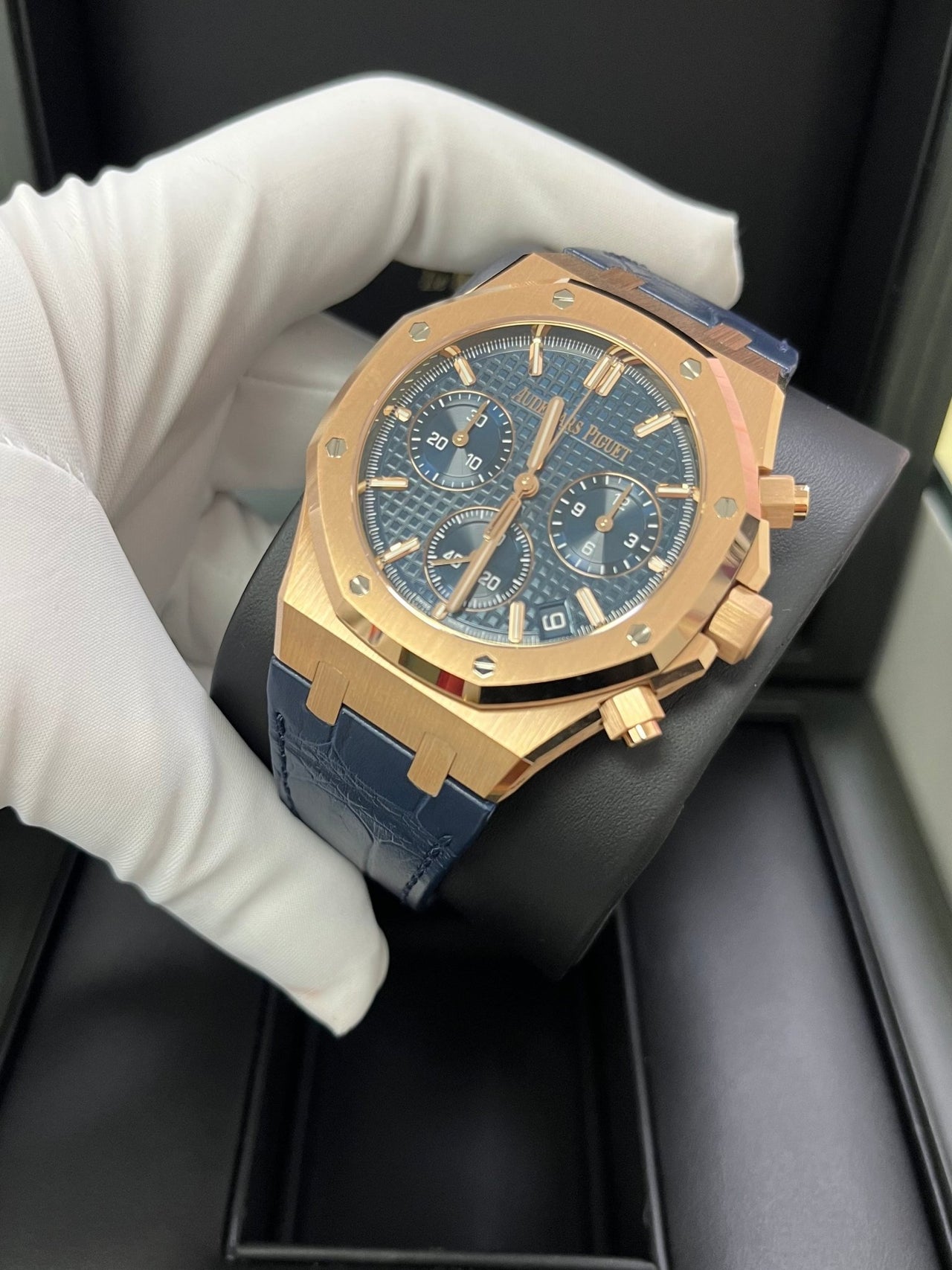 Audemars Piguet Royal Oak Chronograph 41mm 18k Rose Gold Blue Dial On Leather 26240OR.OO.D315CR.02 - WatchesOff5th