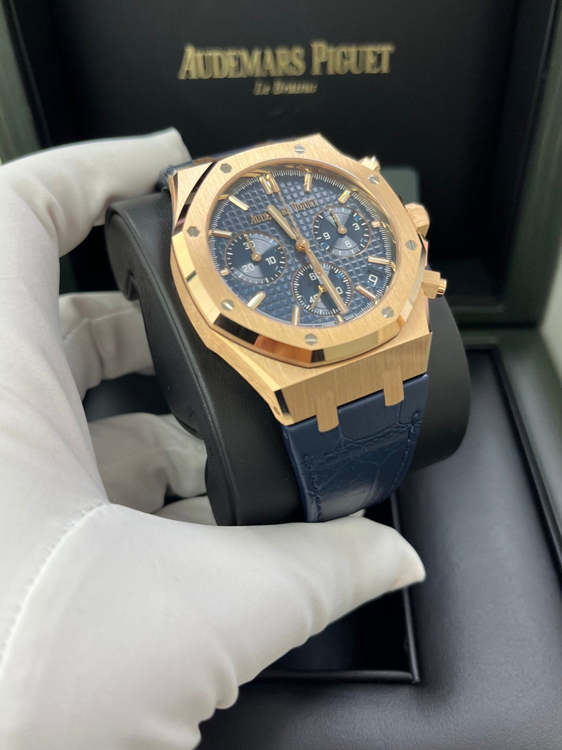 Audemars Piguet Royal Oak Chronograph 41mm 18k Rose Gold Blue Dial On Leather 26240OR.OO.D315CR.02 - WatchesOff5th
