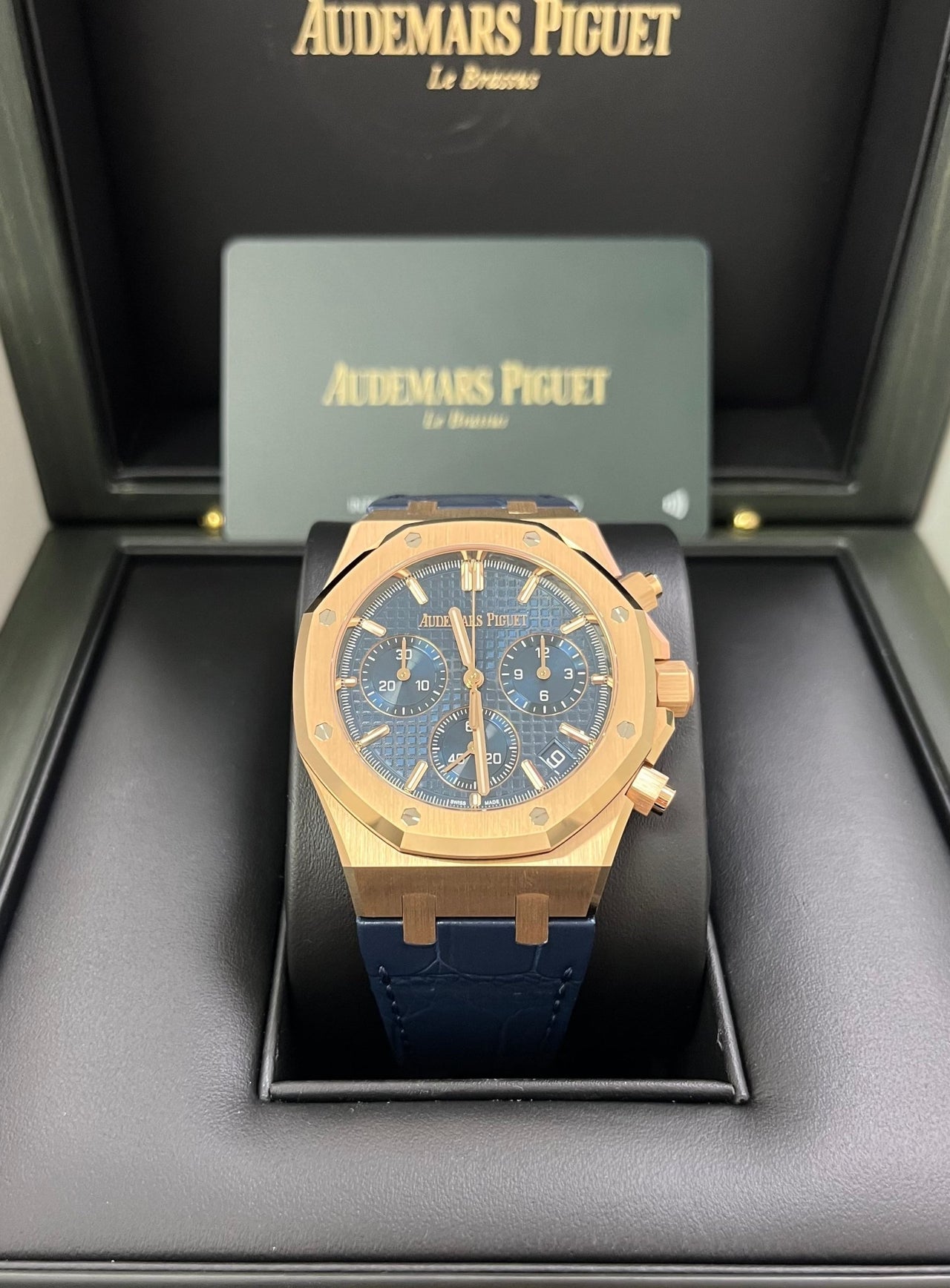 Audemars Piguet Royal Oak Chronograph 41mm 18k Rose Gold Blue Dial On Leather 26240OR.OO.D315CR.02 - WatchesOff5th