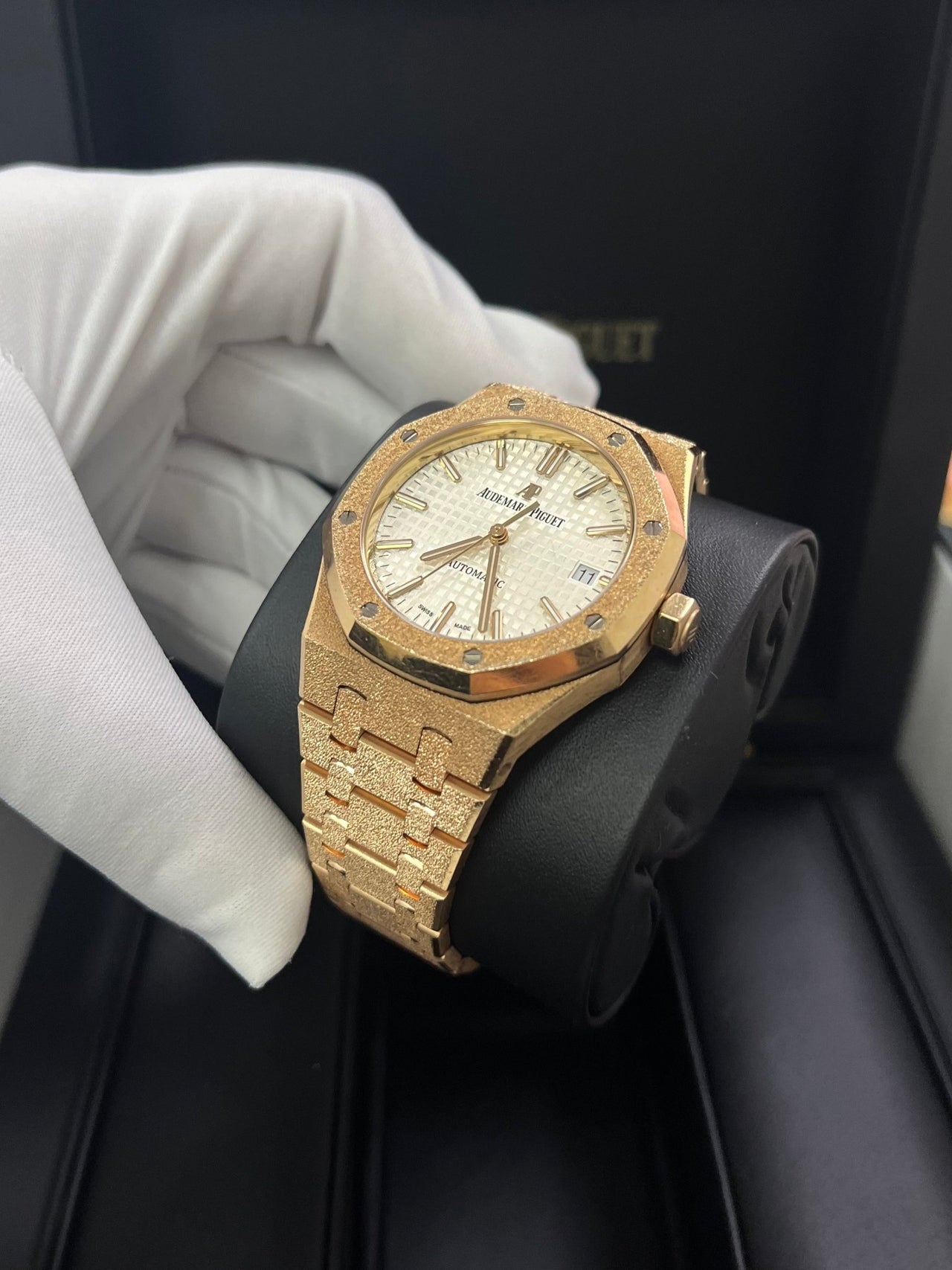 Audemars Piguet Royal Oak Lady Ladies 37mm Frosted Rose Gold White Dial 15454OR.GG.1259OR.01 - WatchesOff5thWatch