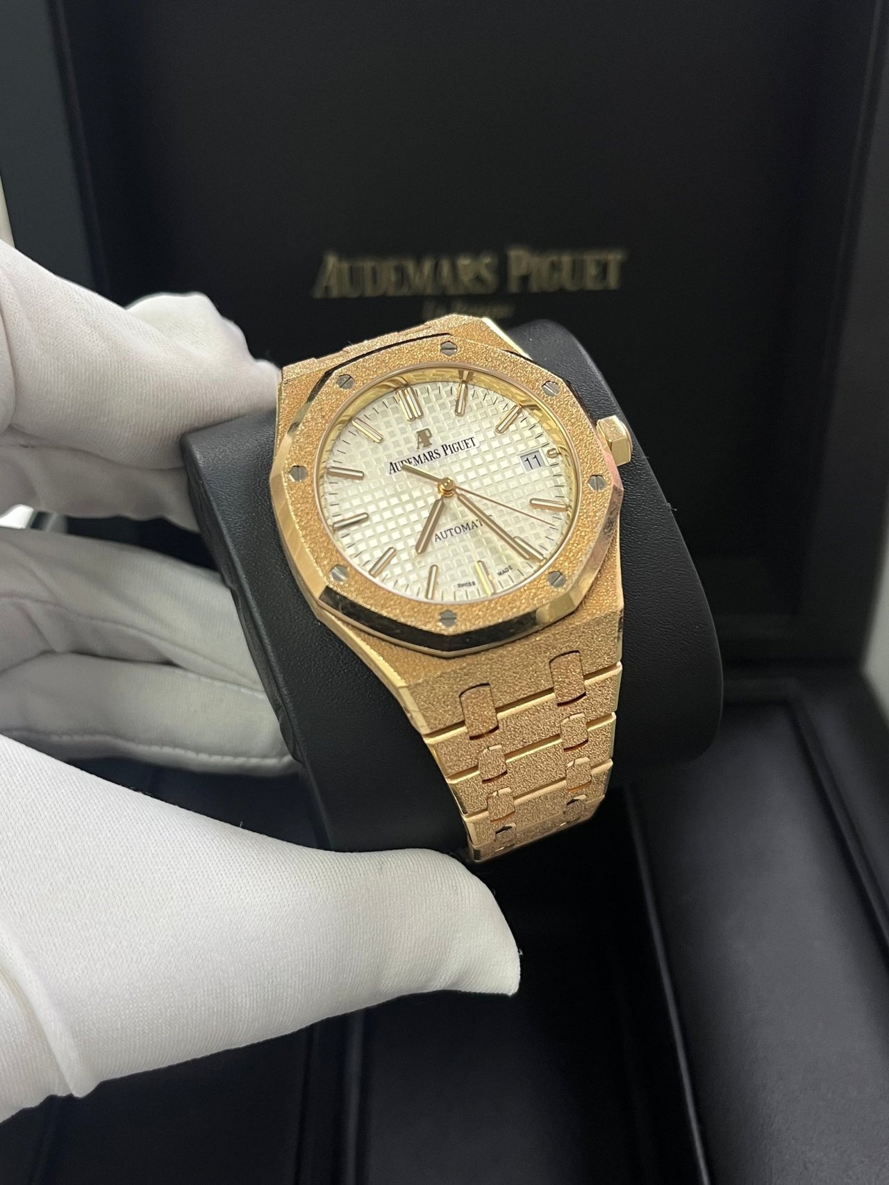 Audemars Piguet Royal Oak Lady Ladies 37mm Frosted Rose Gold White Dial 15454OR.GG.1259OR.01 - WatchesOff5thWatch