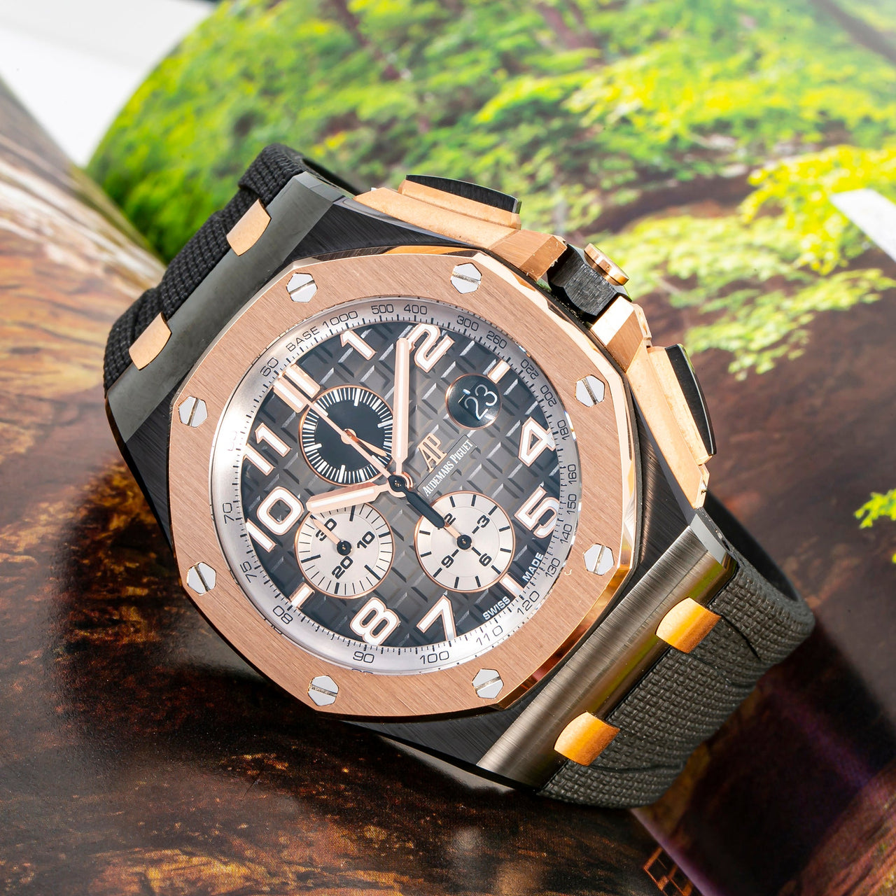 Audemars Piguet Royal Oak Offshore Selfwinding Chronograph/ Stainless Steel/ Black Dial/ White Sub-Dial/ Rose Gold Bezel (Ref#26405NR.OO.A002CA.01) - WatchesOff5thWatch