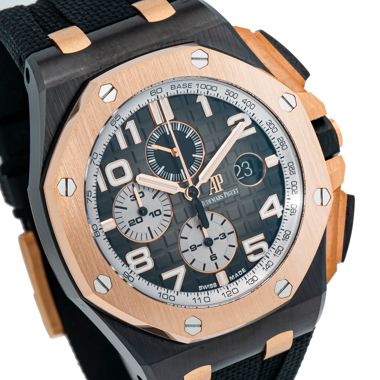 Audemars Piguet Royal Oak Offshore Selfwinding Chronograph/ Stainless Steel/ Black Dial/ White Sub-Dial/ Rose Gold Bezel (Ref#26405NR.OO.A002CA.01) - WatchesOff5thWatch