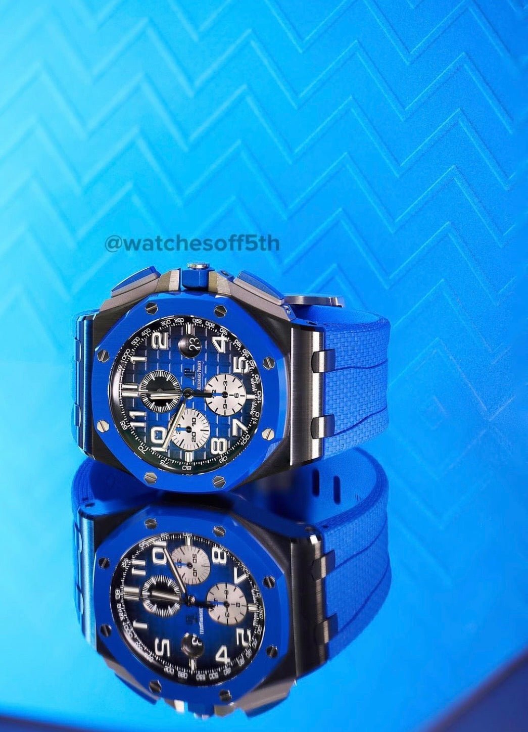 Audemars Piguet Royal Oak Offshore Selfwinding Chronograph/ Stainless Steel/ Blue Strap/ Blue Dial / White Sub-Dials/ Blue Ceramic Bezel (Ref#26405CE.OO.A030CA.01) - WatchesOff5thWatch