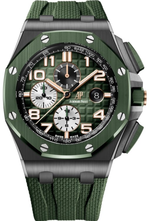 Audemars Piguet Royal Oak Offshore Selfwinding Chronograph / Stainless Steel/ Green Strap/ Green Dial / White Sub-Dials/ Green Ceramic Bezel (Ref#26405CE.OO.A056CA.01) - WatchesOff5thWatch