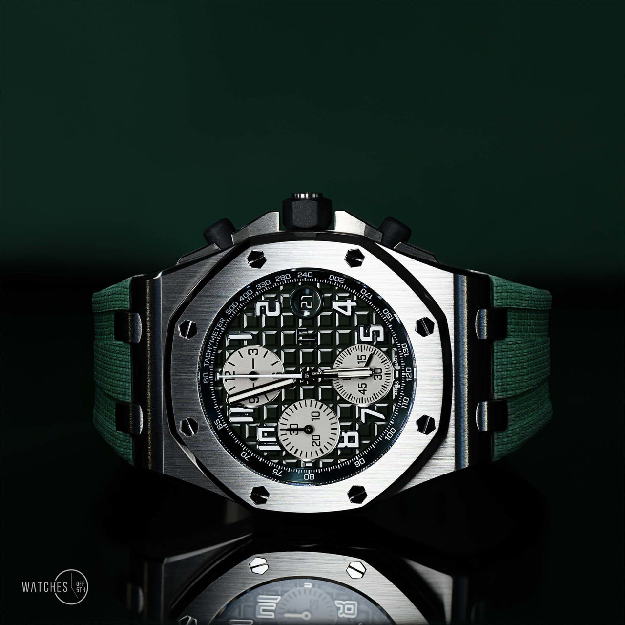 Audemars Piguet Royal Oak Offshore Selfwinding Chronograph / Stainless Steel/ Green Strap/ Green Dial / White Sub-Dials/ Green Ceramic Bezel (Ref#26405CE.OO.A056CA.01) - WatchesOff5thWatch