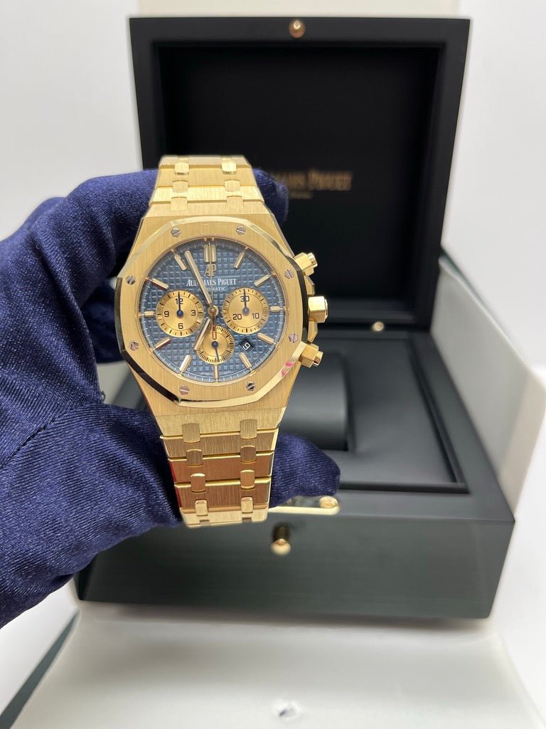 Audemars Piguet Royal Oak Selfwinding Chronograph 42mm/ 18k Yellow Gold/ Blue Dial/ Yellow Sub-Dials (Ref # 26331BA.OO.1220BA.01) - WatchesOff5thWatch