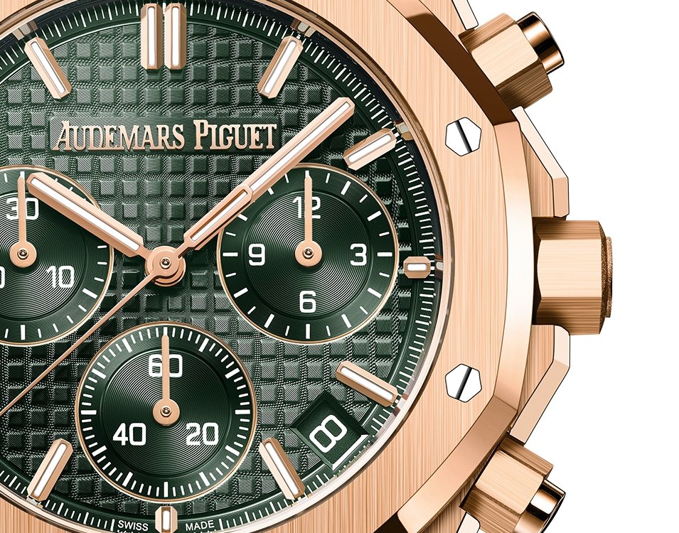 Audemars Piguet ROYAL OAK SELFWINDING CHRONOGRAPH “50TH ANNIVERSARY” GREEN DIAL GREEN STRAP (Ref # 26240OR.OO.D404CR.01) - WatchesOff5th