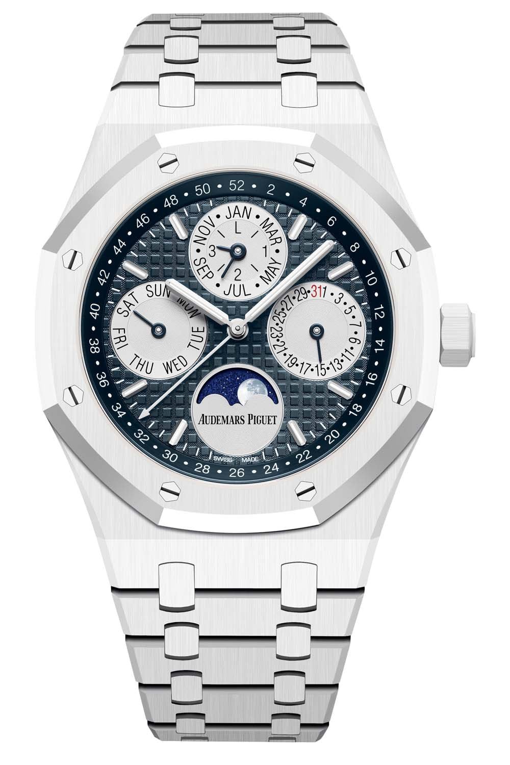 An Audemars Piguet Royal Oak Perpetual Calendar crafted in white ceramic. Featuring a 41mm case, this timepiece includes a white dial with index hour markers, a moon phase display, and the signature Grande Tapisserie pattern. Powered by the self-winding Caliber 5134, it offers a 40-hour power reserve. The integrated white ceramic bracelet completes the striking aesthetic. Water-resistant up to 20 meters, this is a technical and visual masterpiece for discerning collectors.