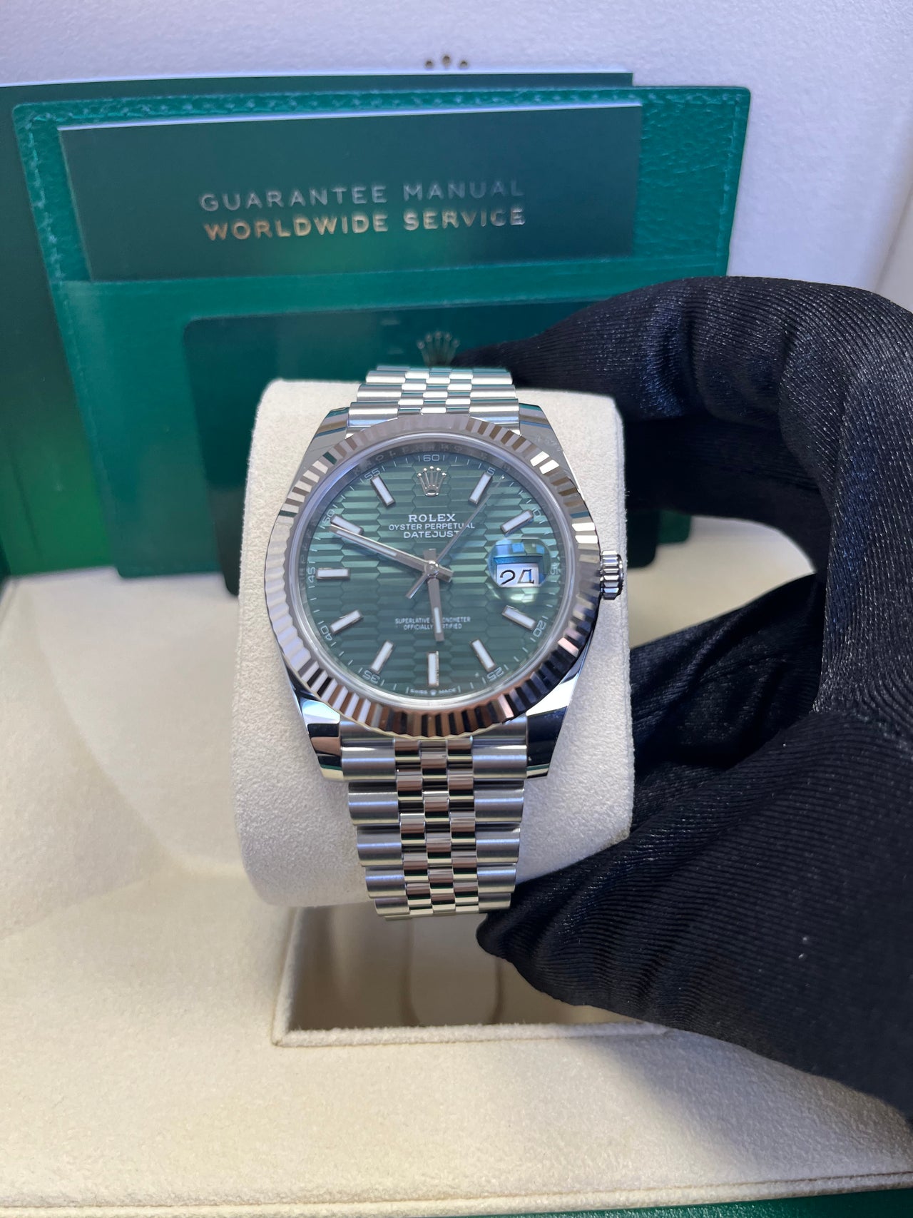 Rolex Datejust 41mm White Gold/Steel Mint Green Fluted Motif Index Fluted Bezel Jubilee Reference #126334