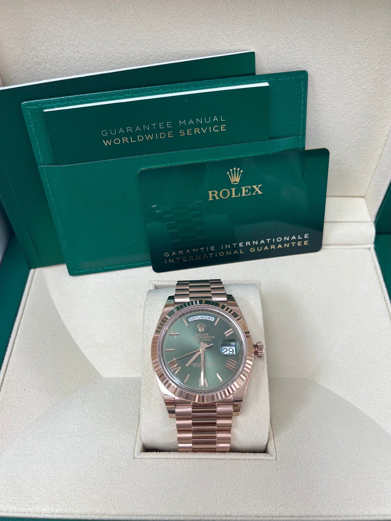 Rolex Day-Date 40 Rose Gold Green Roman Dial - Fluted Bezel (Ref#228235)