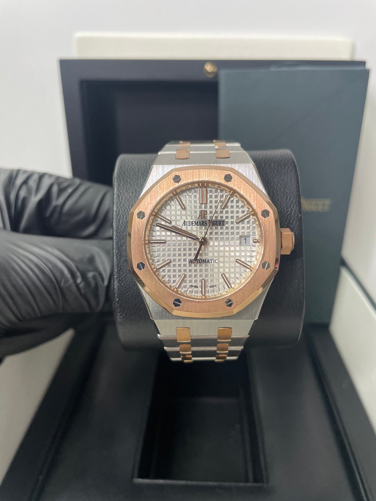 Audemars Piguet Royal Oak Selfwinding Rose Gold and Steel White Dial 37mm Ladies Watch (Reference #15450SR.OO.1256SR.01)