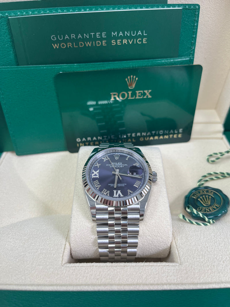 Rolex Datejust 36 Fluted Bezel Aubergine Purple Diamond Roman VI and IX Dial Jubilee Bracelet (Ref# 126234)