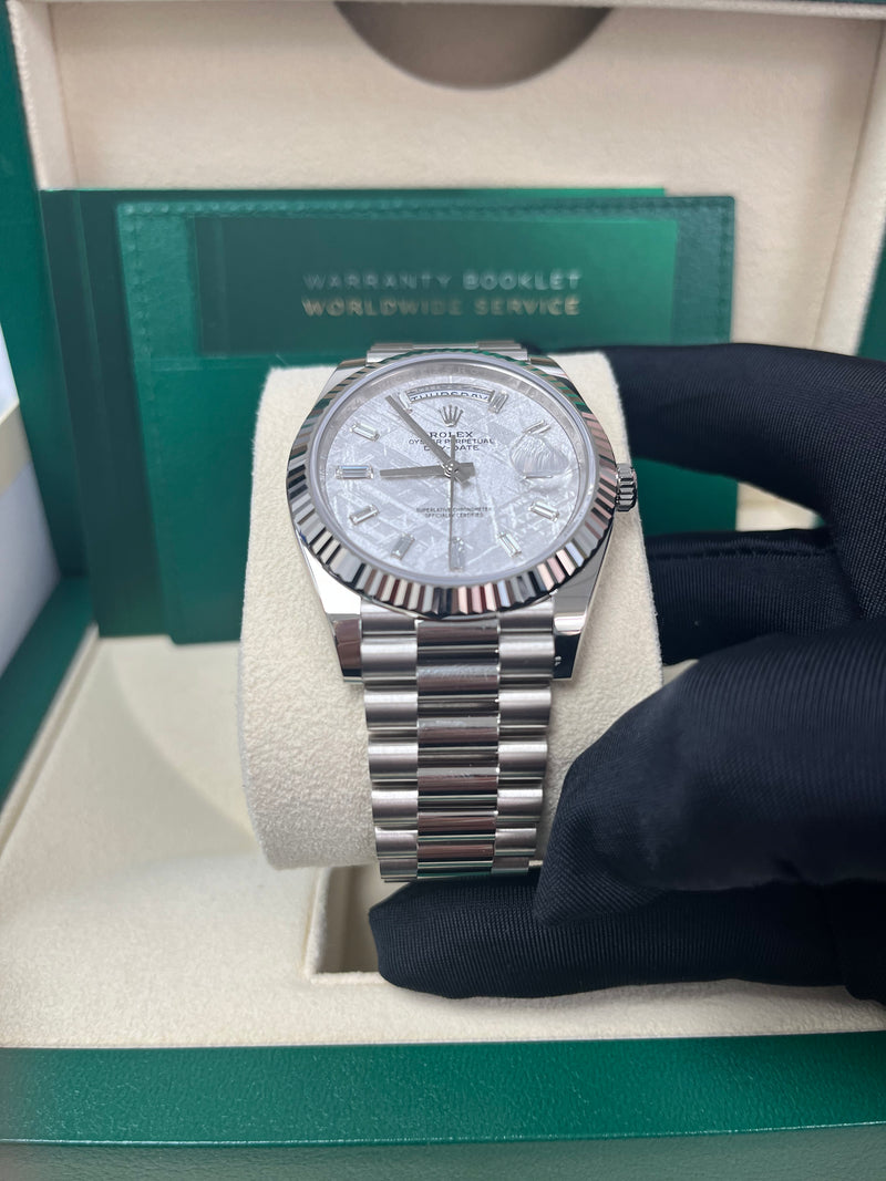 Rolex Day-Date 40mm Meteorite Baguette Dial White Gold Fluted Bezel Reference # 228239