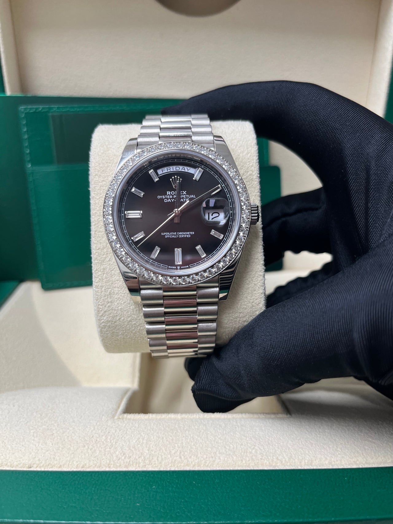 Rolex Day-Date 40 White Gold Day-Date 40 Watch - White Gold Bezel - Black Baguette Diamond Dial 228349RBR