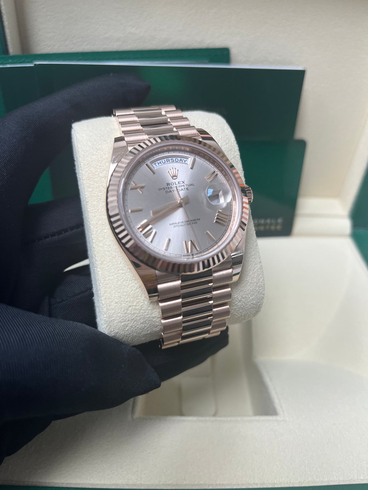 Rolex Day-Date 40 Rose Gold Sundust Roman Dial Fluted Bezel (Ref # 228235)