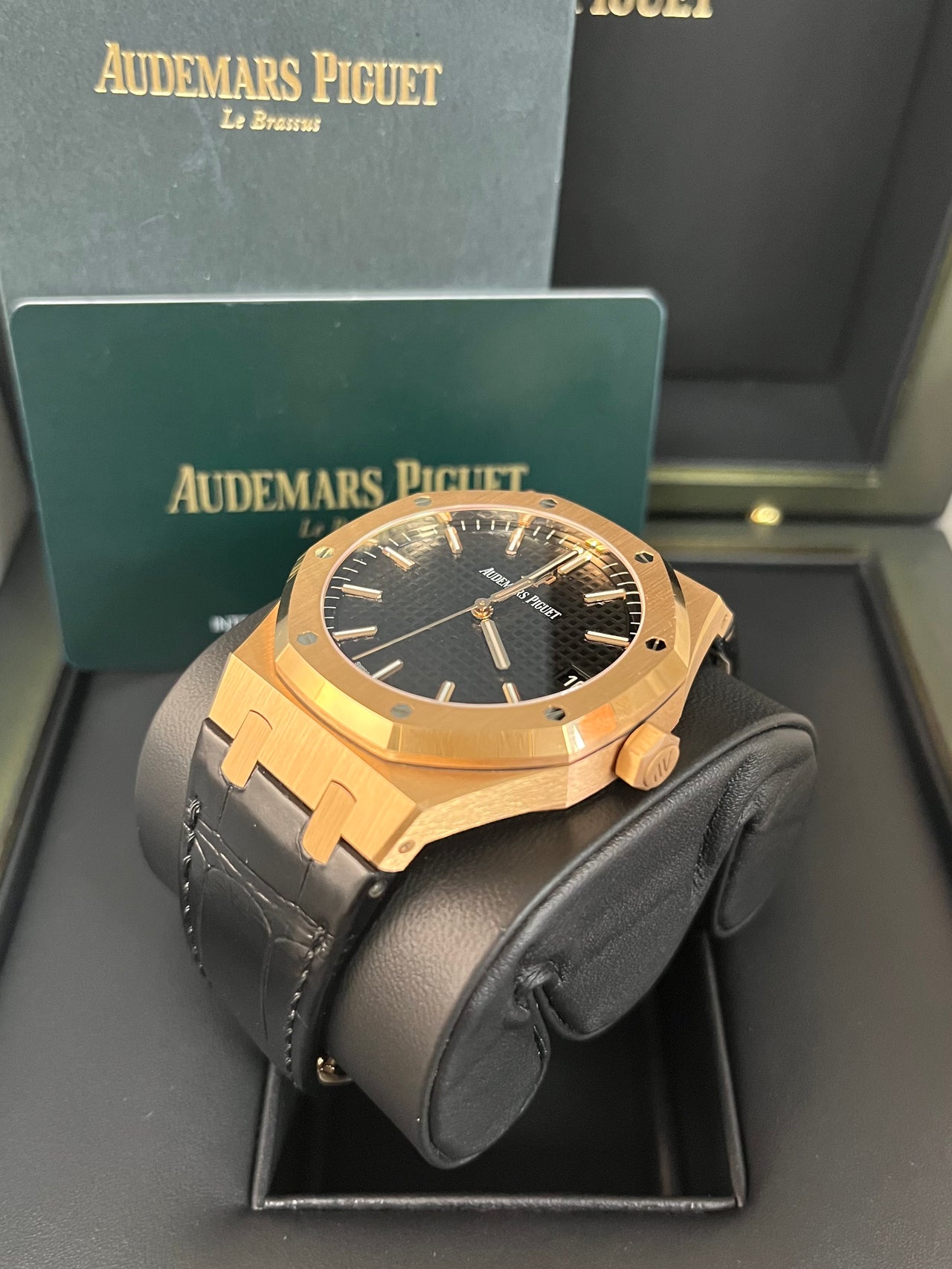 Audemars Piguet Royal Oak Selfwinding/ Rose Gold/ Black Dial/ Black Leather Strap (Ref#15500OR.OO.D002CR.01)