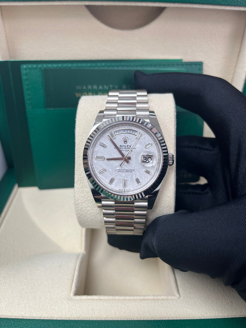 Rolex Day-Date 40mm Meteorite Baguette Dial White Gold Fluted Bezel Reference # 228239