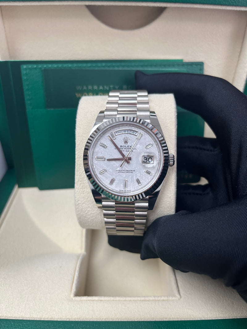 Rolex Day Date 40mm Meteorite Baguette Dial White Gold Fluted