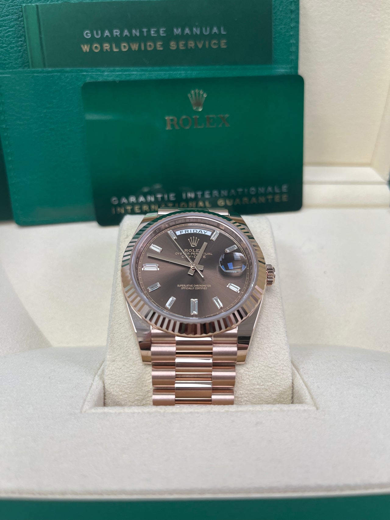 Rolex Day-Date 40 Rose Gold Day-Date 40 Watch - Fluted Bezel - Chocolate Baguette Diamond Dial - 228235