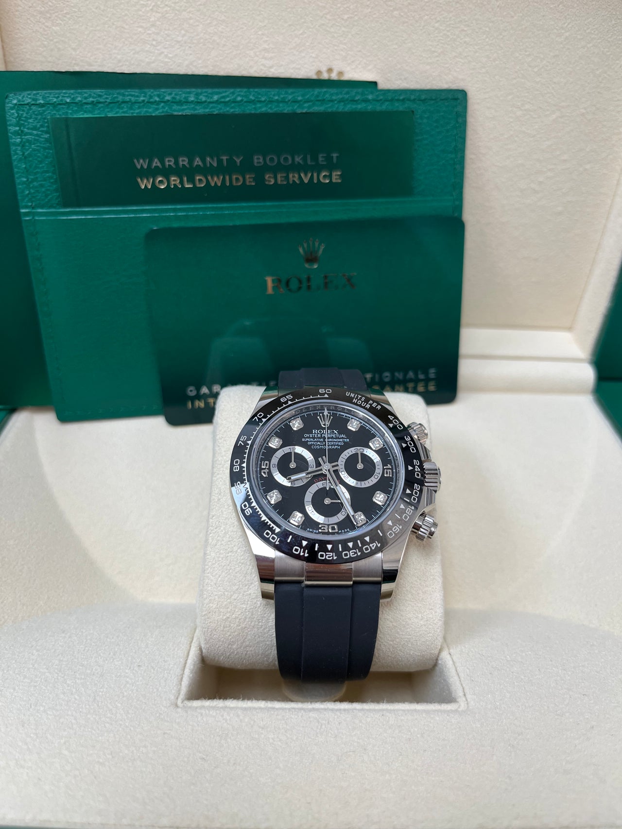 Rolex Daytona Cosmograph Daytona White Gold 40mm Oysterflex Band Black Diamond Dial - 116519LN