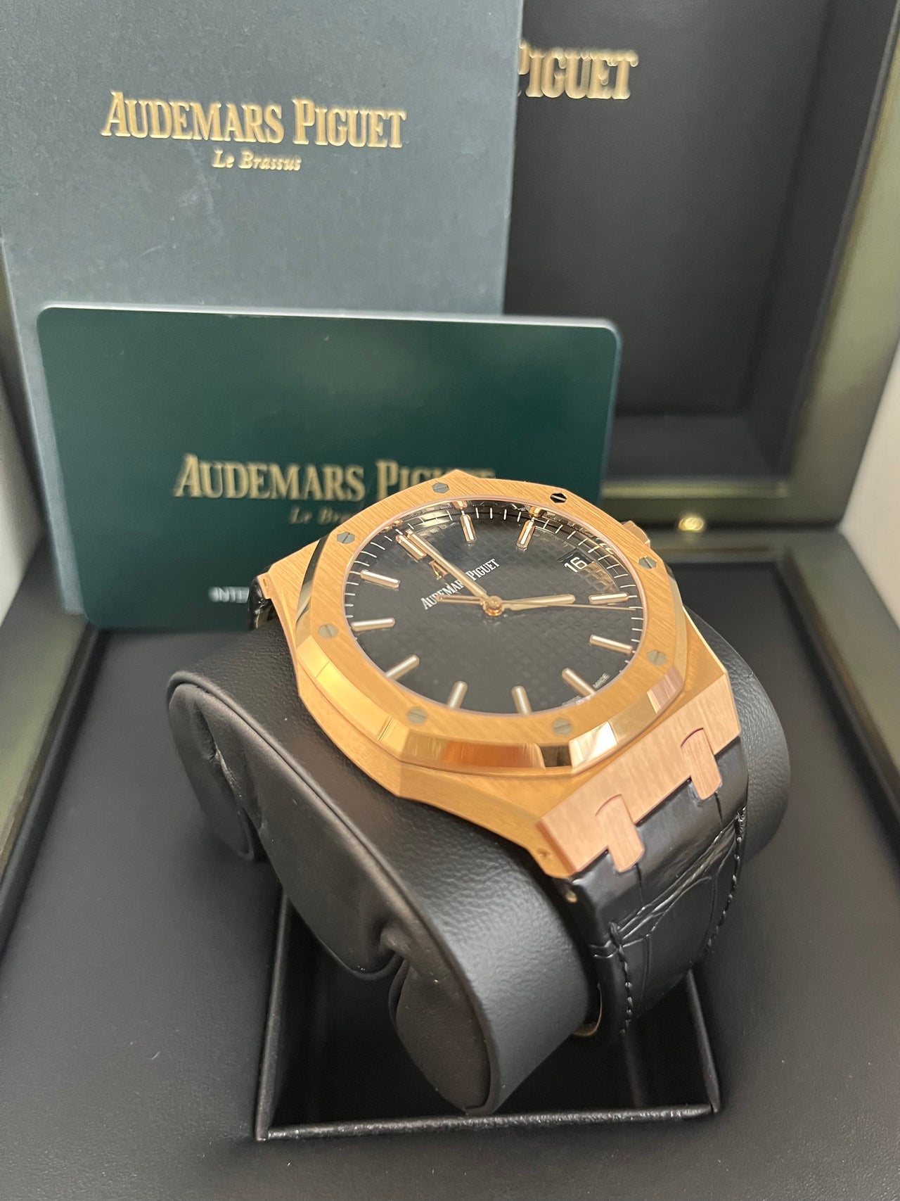 Audemars Piguet Royal Oak Selfwinding/ Rose Gold/ Black Dial/ Black Leather Strap (Ref#15500OR.OO.D002CR.01)