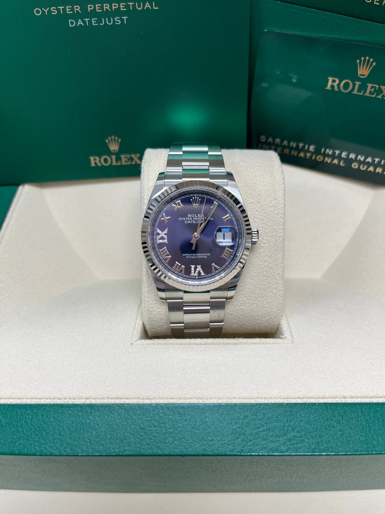 Rolex Datejust 36 Fluted Bezel Aubergine Purple Diamond Roman VI and IX Dial Oyster Bracelet (Ref# 126234)