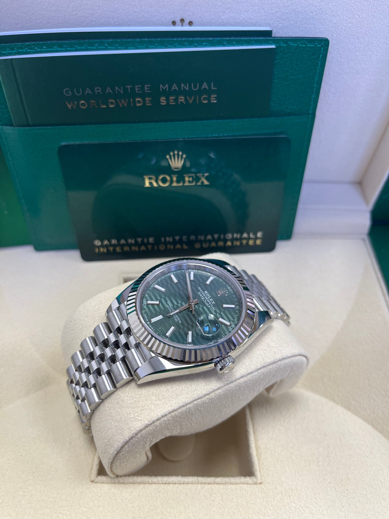 Rolex Datejust 41mm White Gold/Steel Mint Green Fluted Motif Index Fluted Bezel Jubilee Reference #126334