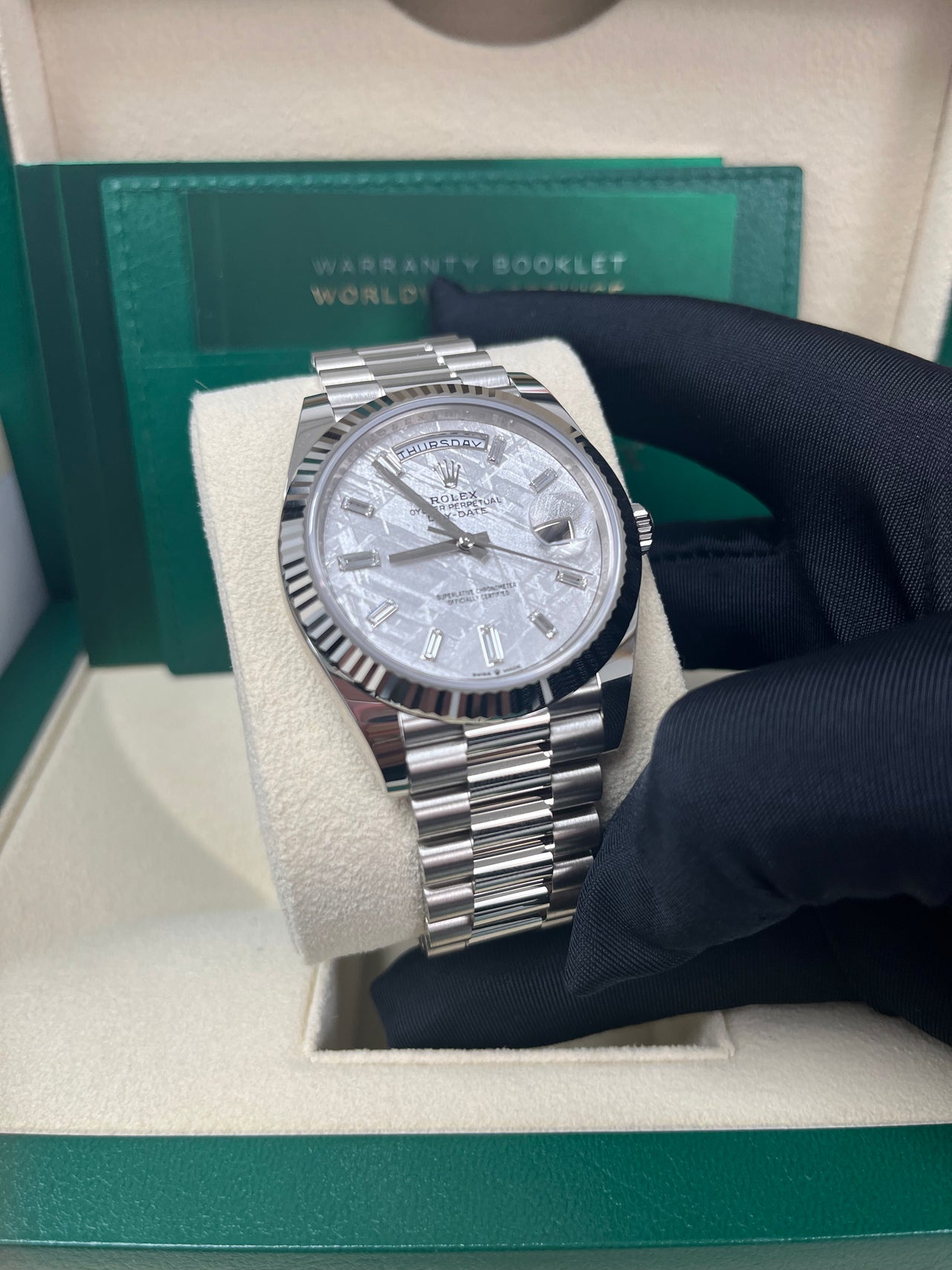 Rolex Day-Date 40mm Meteorite Baguette Dial White Gold Fluted Bezel Reference # 228239