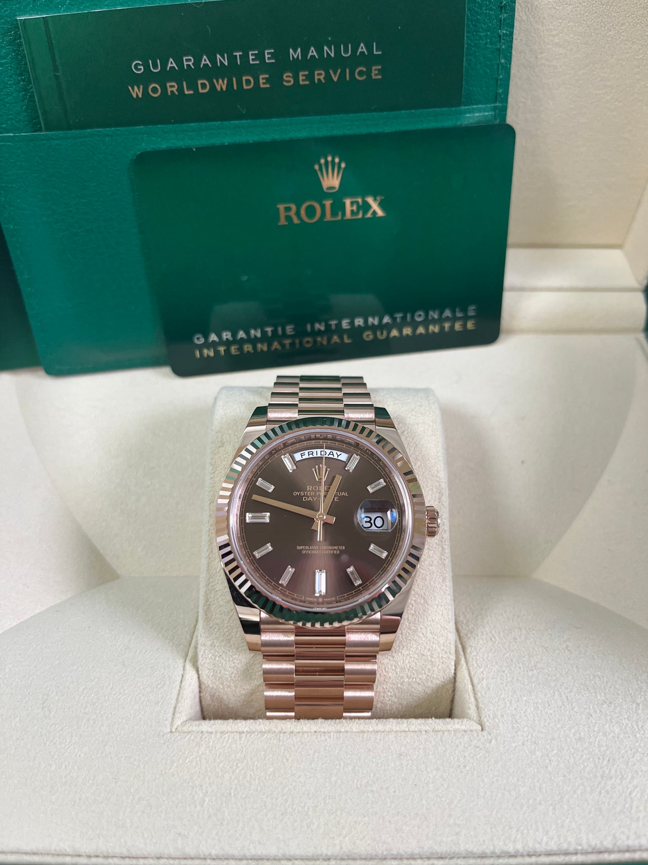 Rolex Day-Date 40 Rose Gold Day-Date 40 Watch - Fluted Bezel - Chocolate Baguette Diamond Dial - 228235