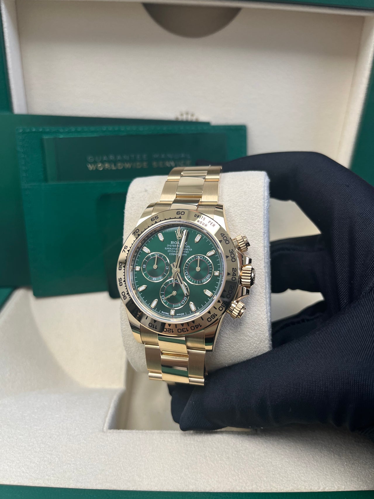 Rolex Daytona Yellow Gold Cosmograph Green Dial Ref 116508 WatchesOff5th