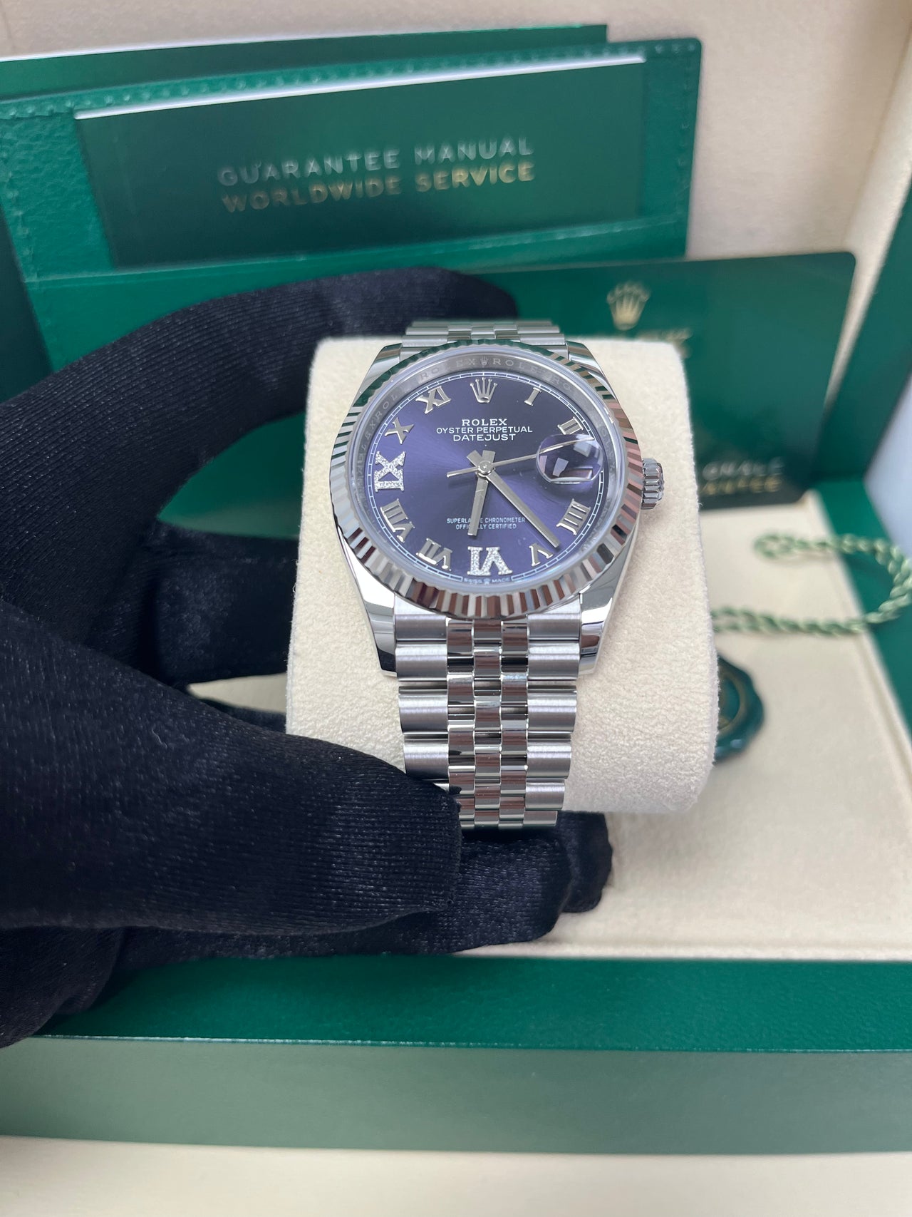 Rolex Datejust 36 Fluted Bezel Aubergine Purple Diamond Roman VI and IX Dial Jubilee Bracelet (Ref# 126234)